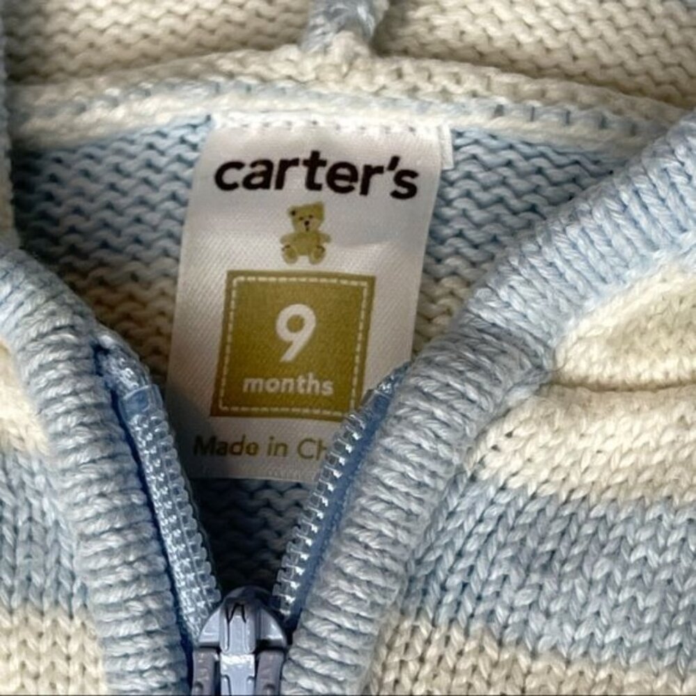 Carter's Blue/White Hooded Sweater Zip Front Baby 9M Cozy Classic Casual - Picture 2 of 13
